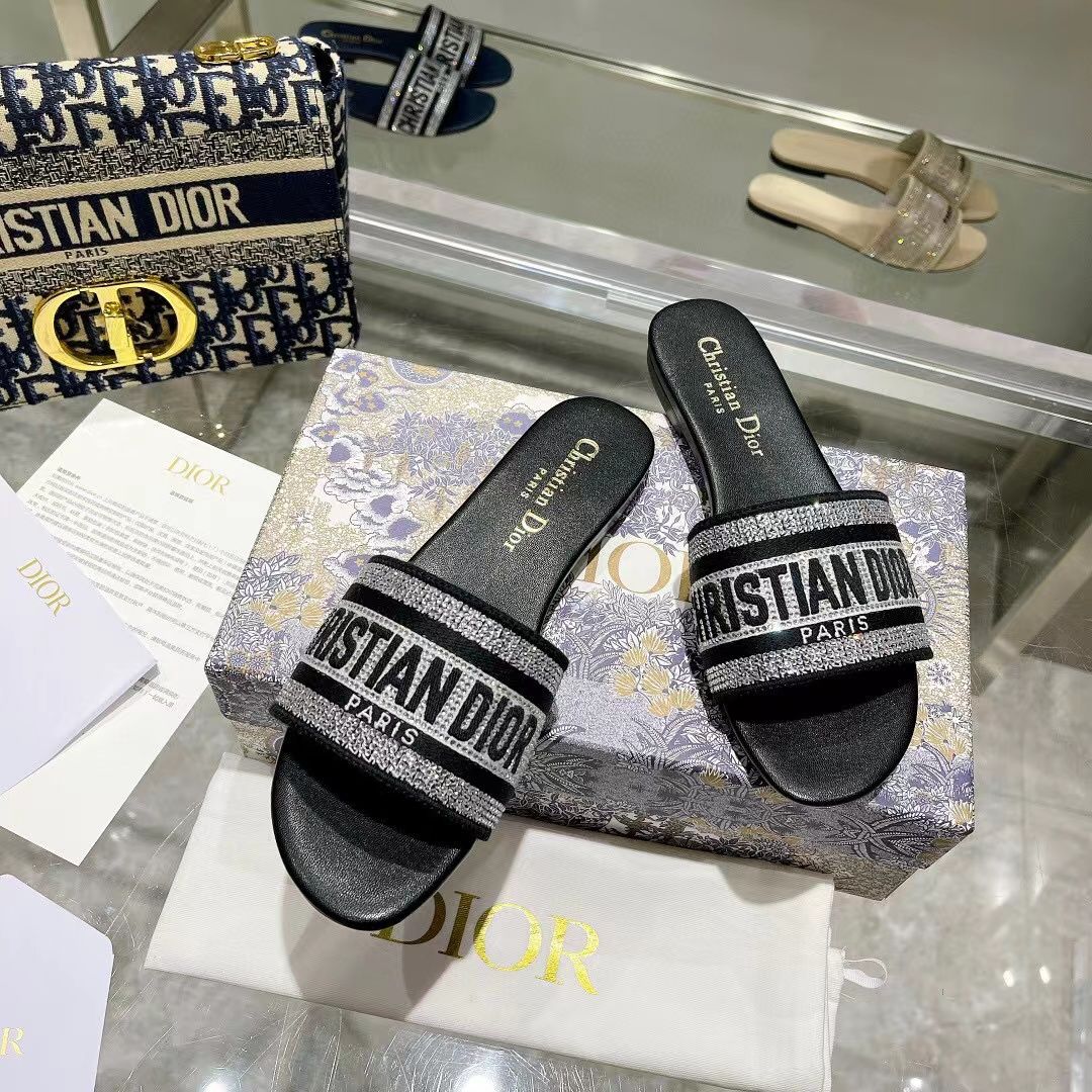 Letter Embroidered and Strass Flat Slides