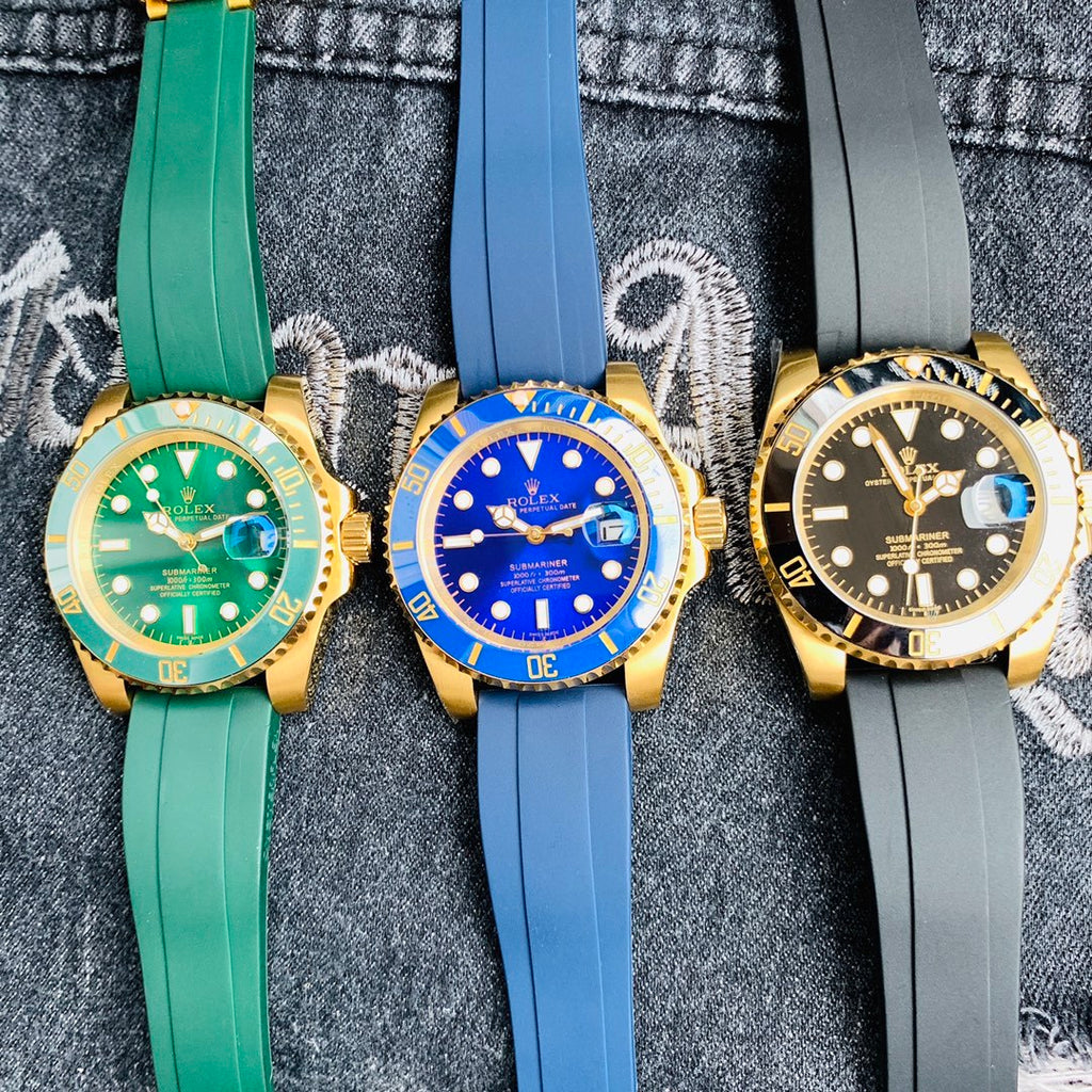 Men’s Gold-Tone Stainless Steel Automatic Dive Watch – 3-Color Dial Collection with Matching Rubber Straps, Classic Sport Luxury