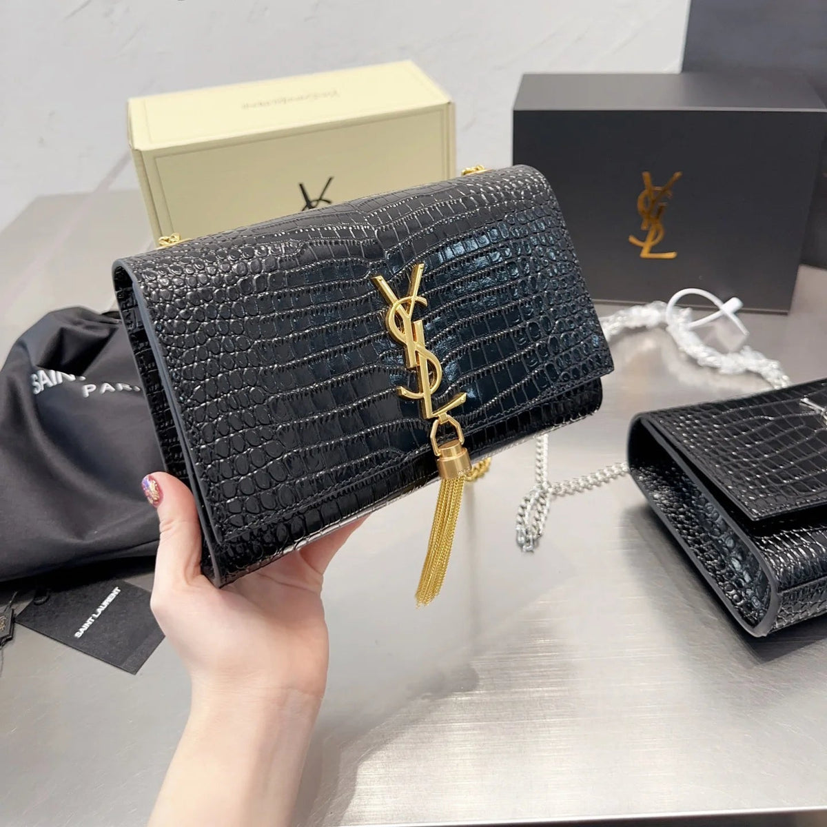 KATE Small Tassel Chain Bag in Croc-embossed shiny leather