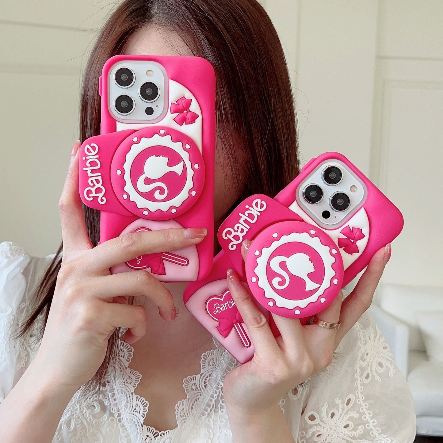 Preciosa funda de silicona rosa para cámara