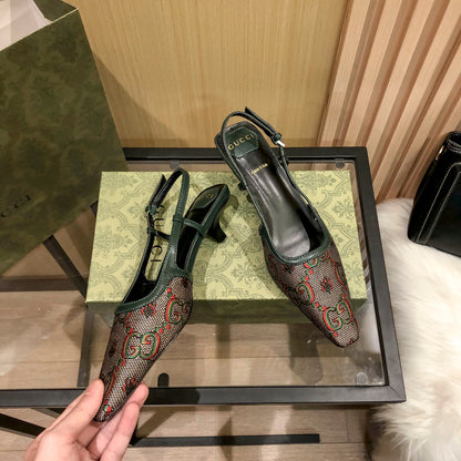 Sandales à talons bas et bride arrière jacquard floral
