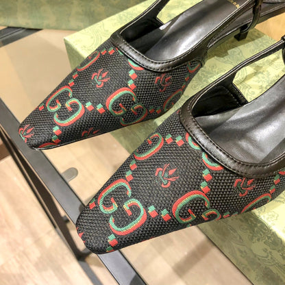 Sandales à talons bas et bride arrière jacquard floral