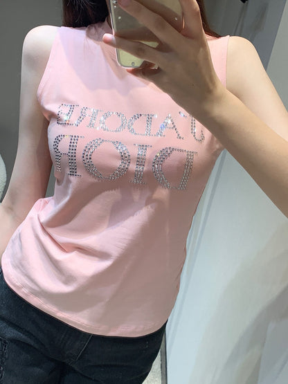Débardeur T-shirt sans manches rose VINTAGE DIAMANT CHAUD STYLE SECONDE MAIN