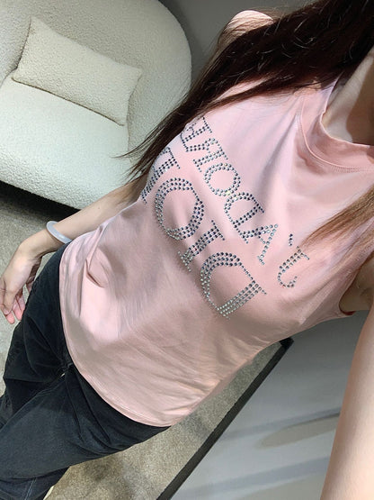Débardeur T-shirt sans manches rose VINTAGE DIAMANT CHAUD STYLE SECONDE MAIN