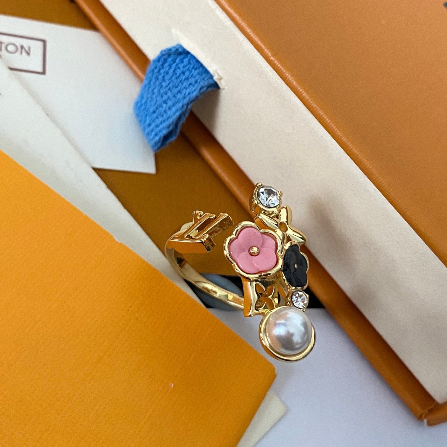 Anillo Abierto de Moda con Perlas y Flores
