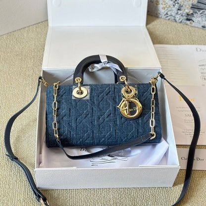 Sac D-Joy moyen en denim Cannage graphique bleu