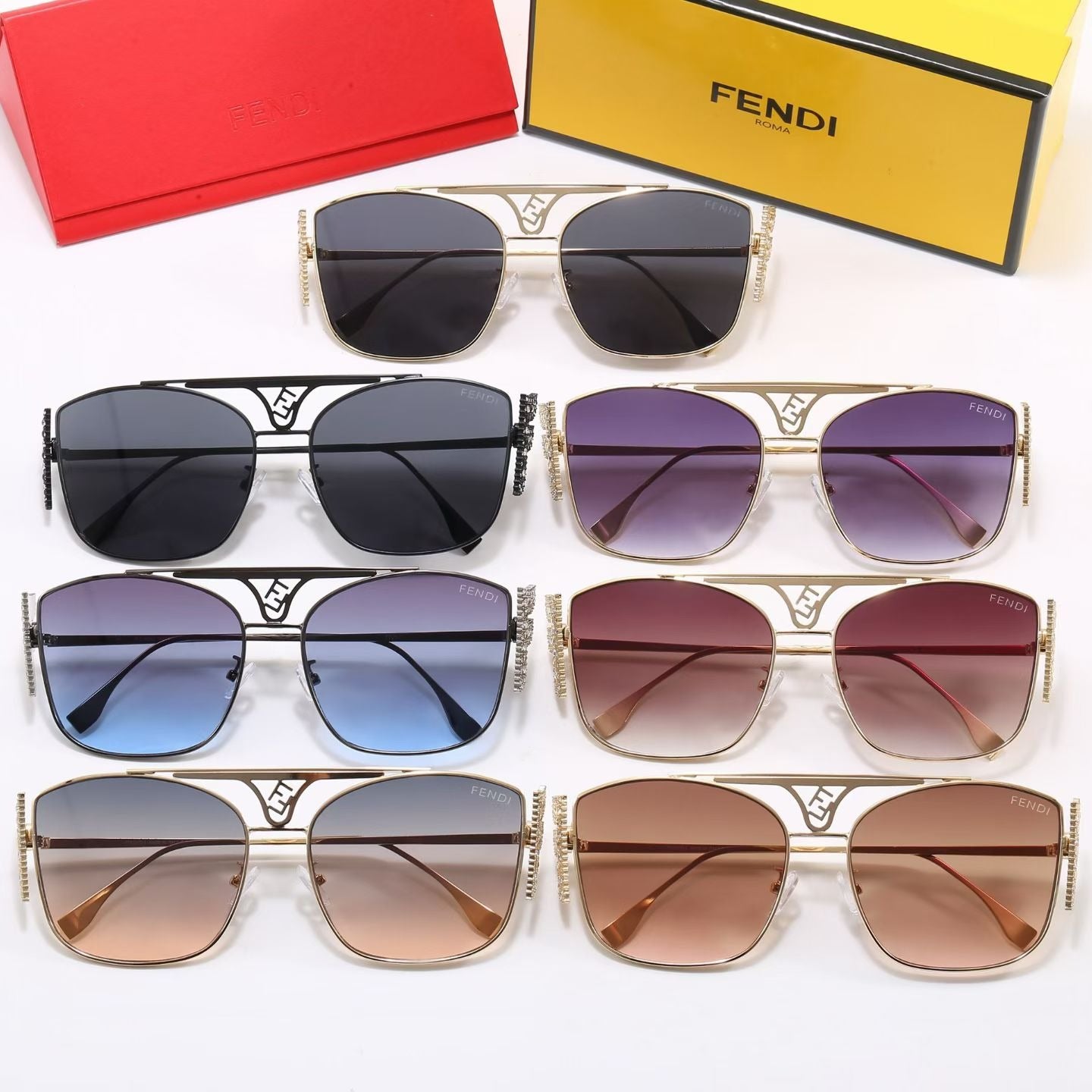 7 Color Rhinestone Double Bridge Square Sunglasses